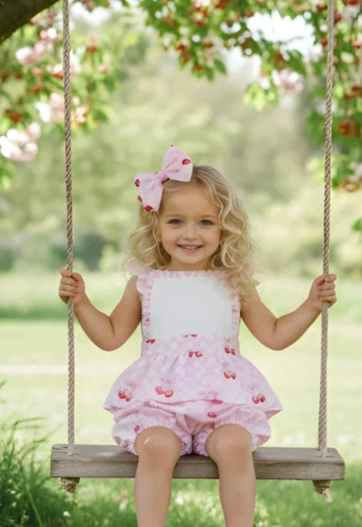 Girls pink cherry print romper