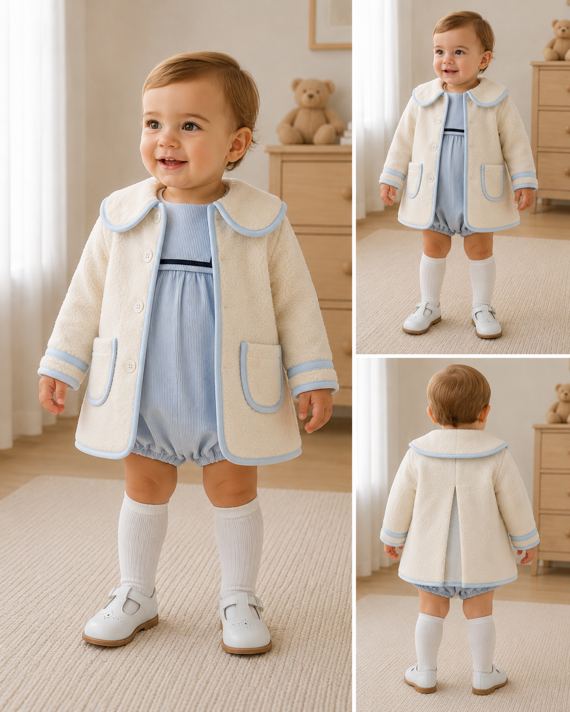 PREORDER Boys ivory boucle coat with pale blue trim - 819C