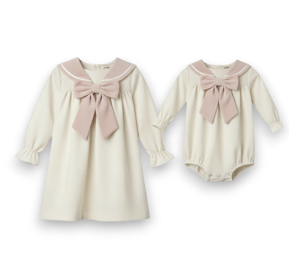 PREORDER Girls ivory velvet sailor dress with pink velvet collar - 830D