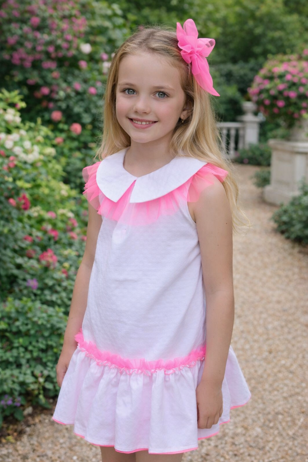 Babine girls white dress with neon pink tulle