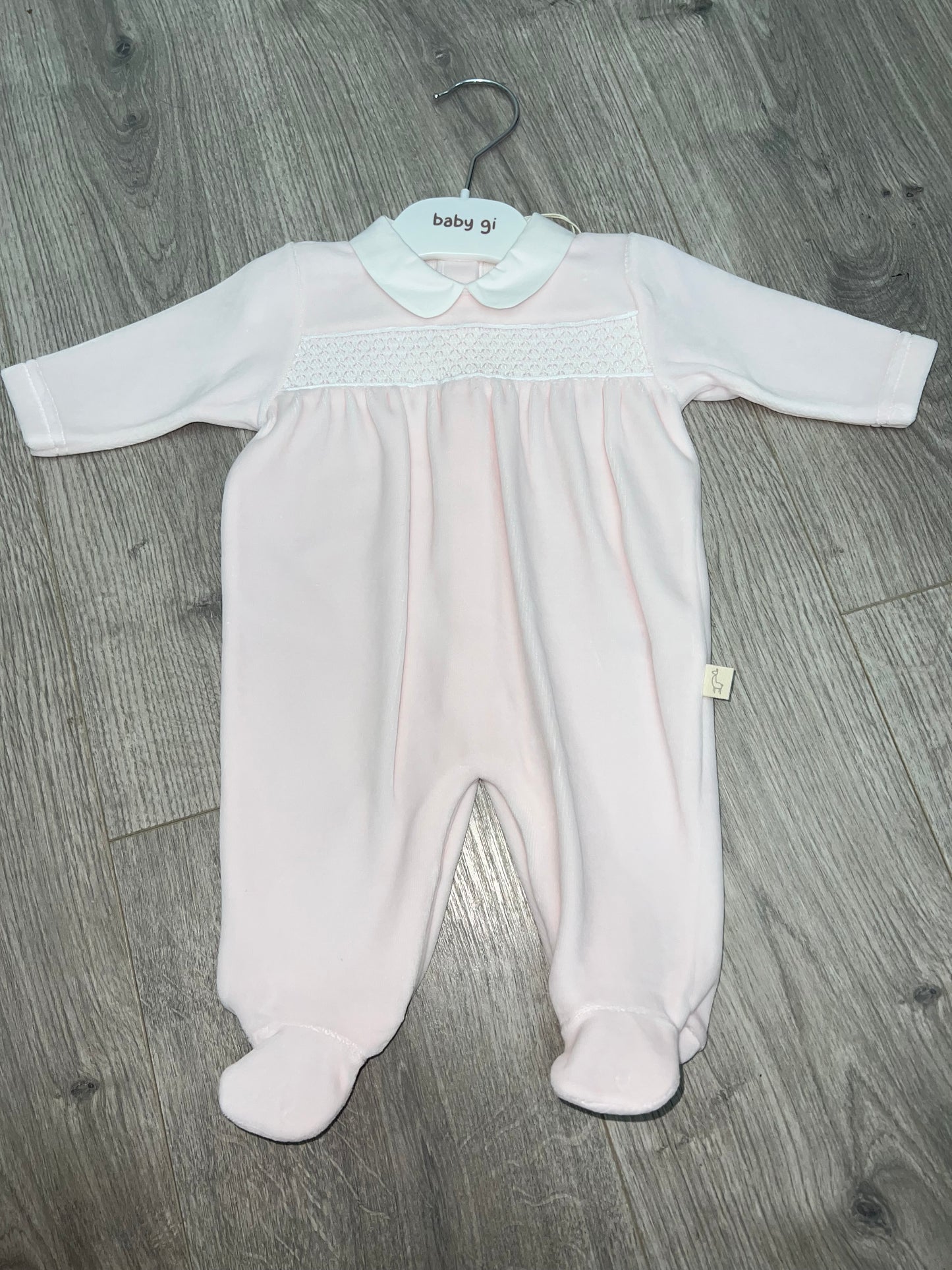 Baby gi pink velour smocked babygrow