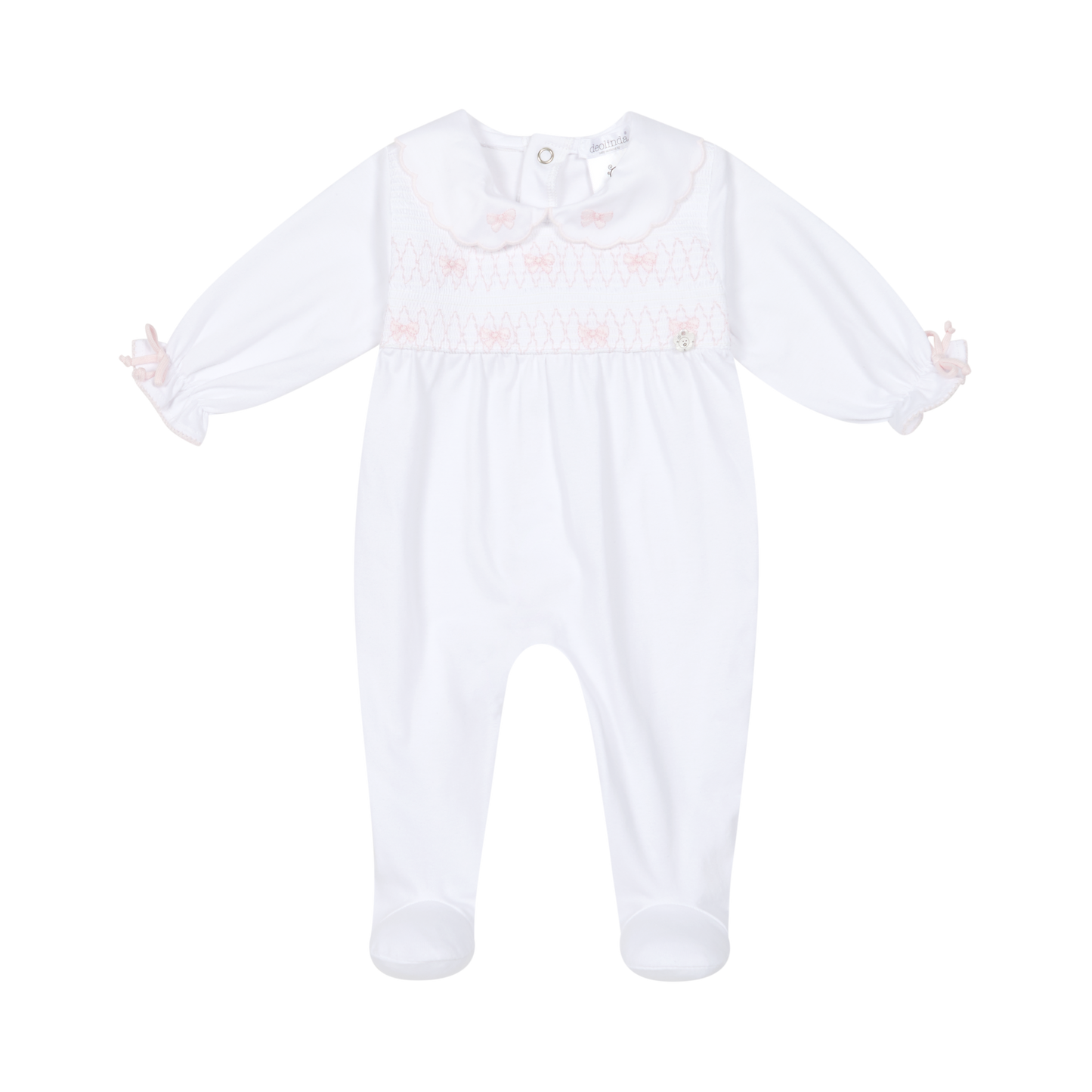 Deolinda 26112 - lollipop white smocked babygrow with pink bow detail