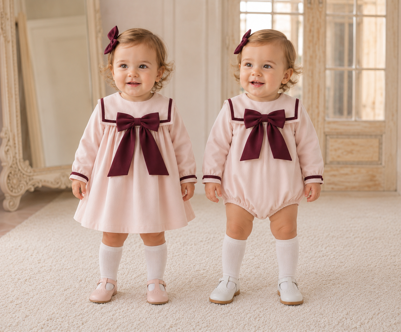 PREORDER Girls pink velvet romper with burgundy velvet trim & bow - 802RBW