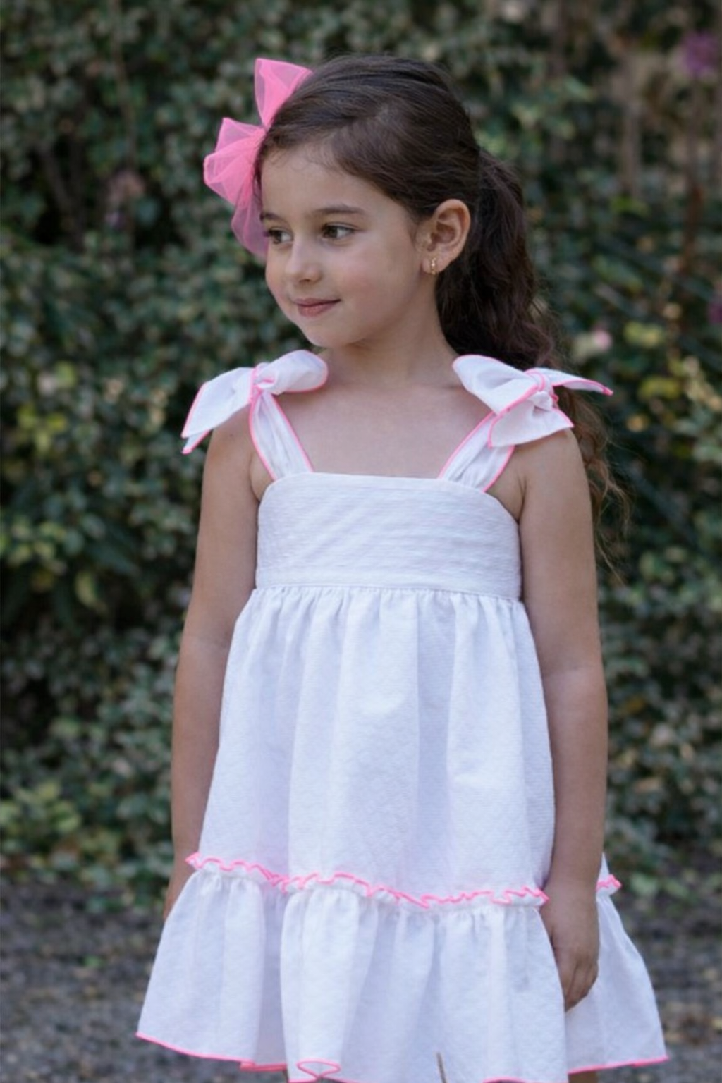Babine younger girls white dress with neon pink trim - PREORDER