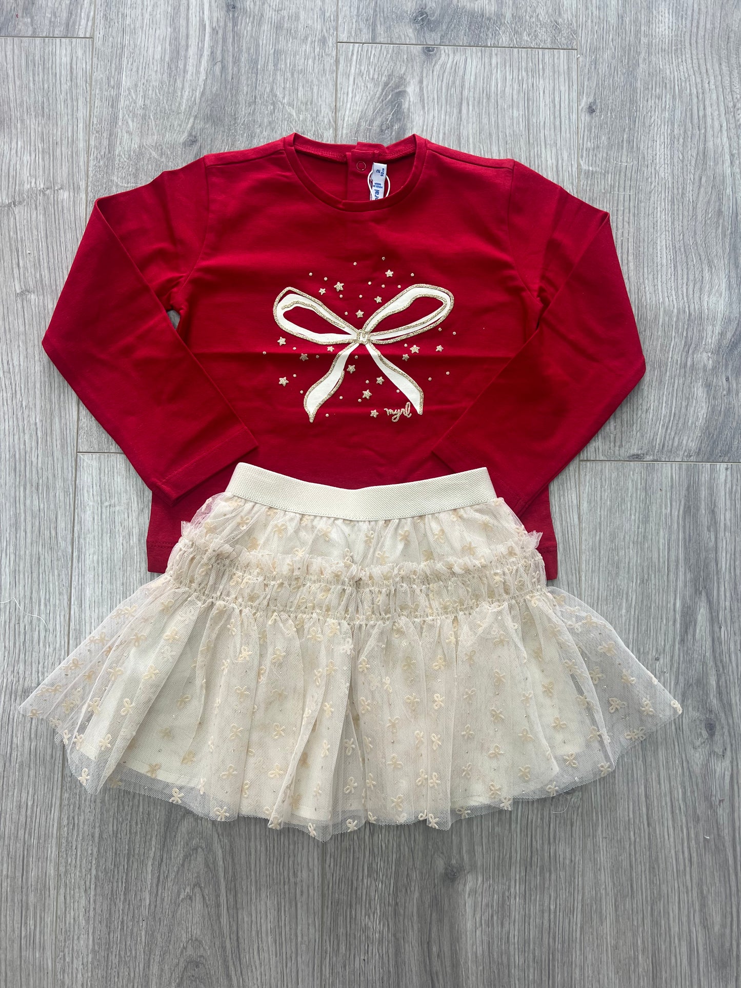 Mayoral AW25 1901 - gold tulle skirt and red bow top