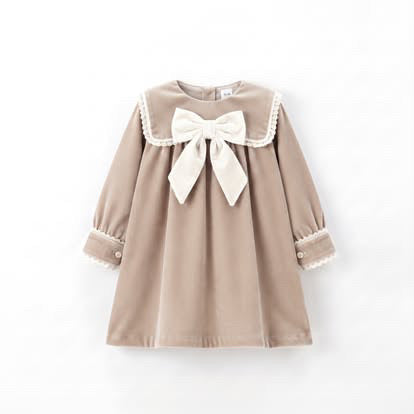 PREORDER Girls beige velvet dress with ivory trim & bow - 814D