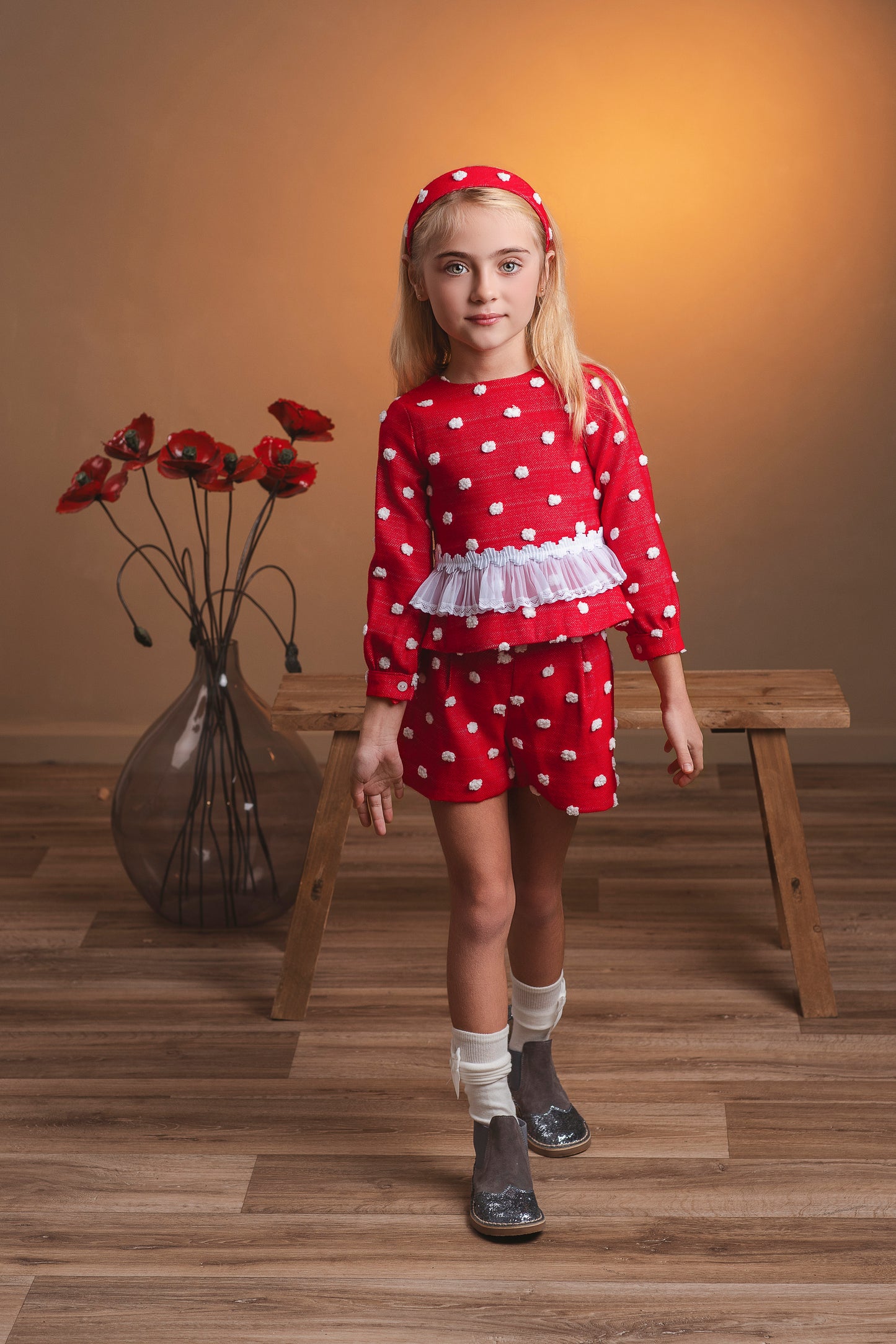 Rochy red textured polka dot short set