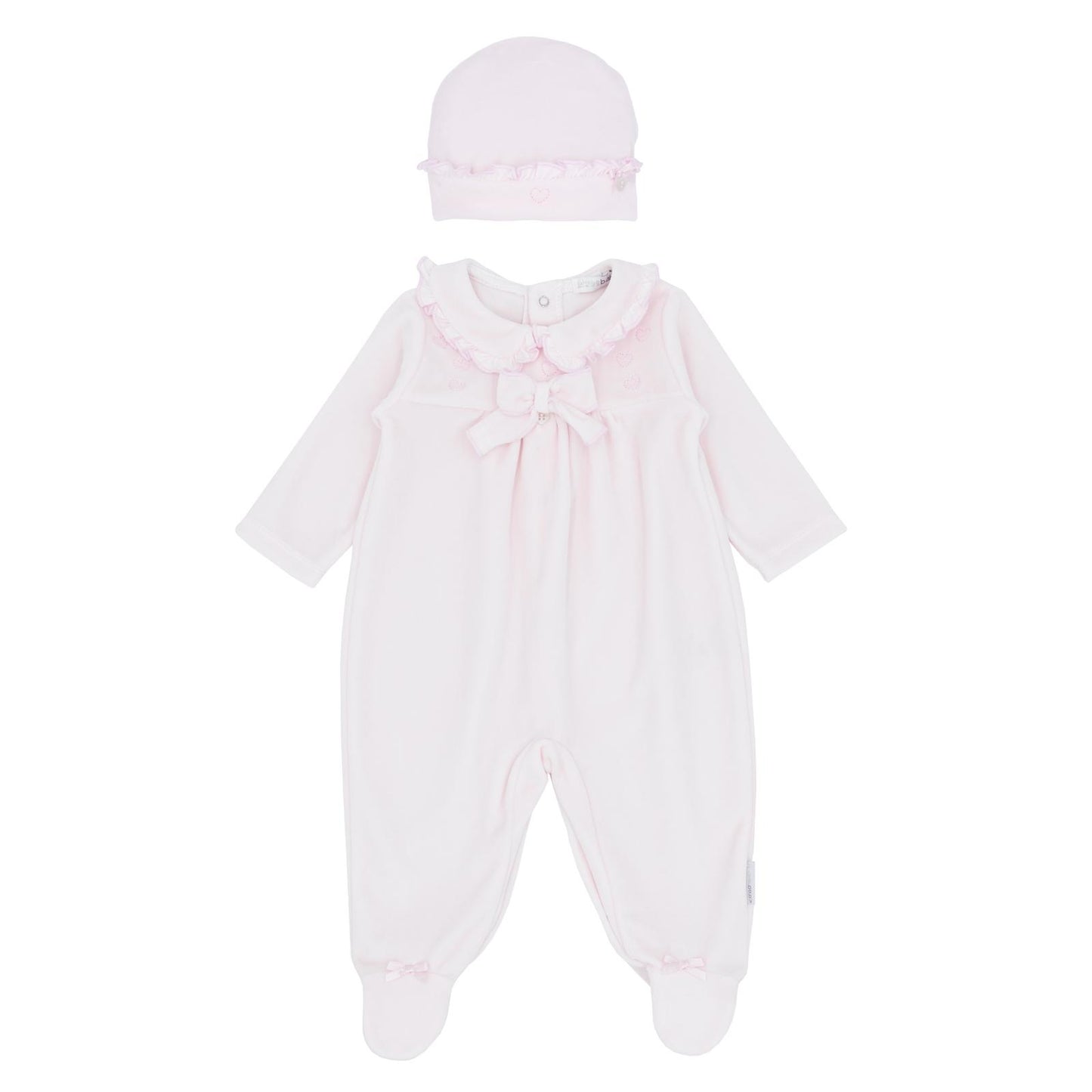 Blues baby AW25 girls pink velour all in one with frill collar & hat