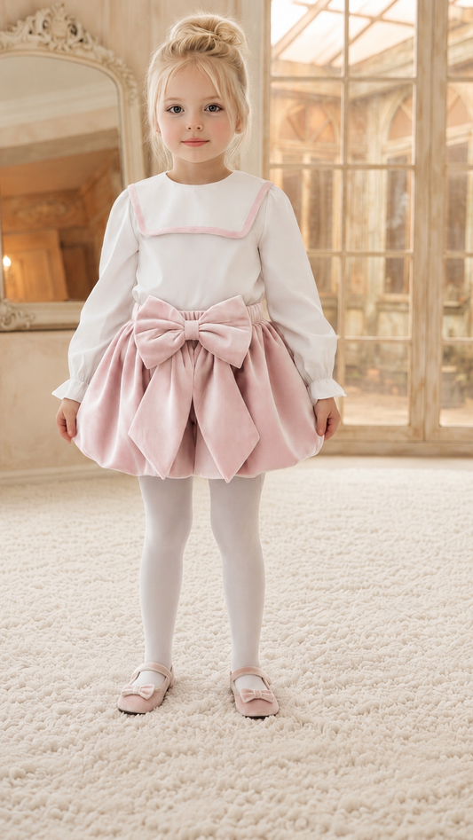 Girls pink velvet puffy shorts & blouse set - 805/806