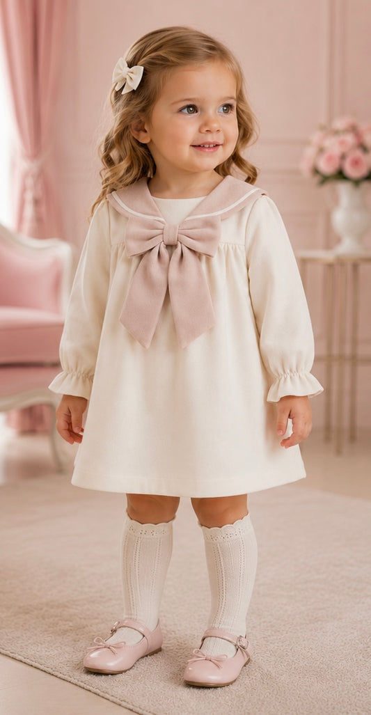 PREORDER Girls ivory velvet sailor dress with pink velvet collar - 830D