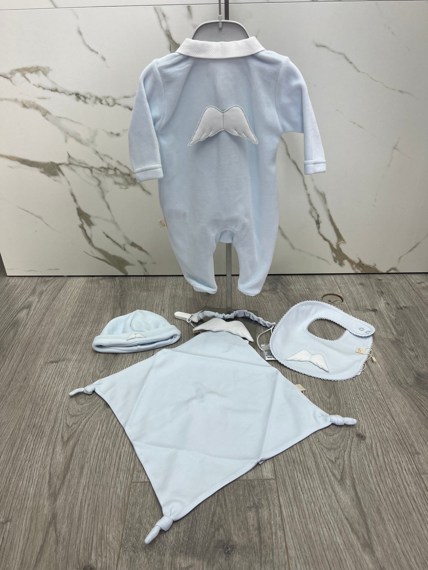 Baby gi blue velour angel wing babygrow