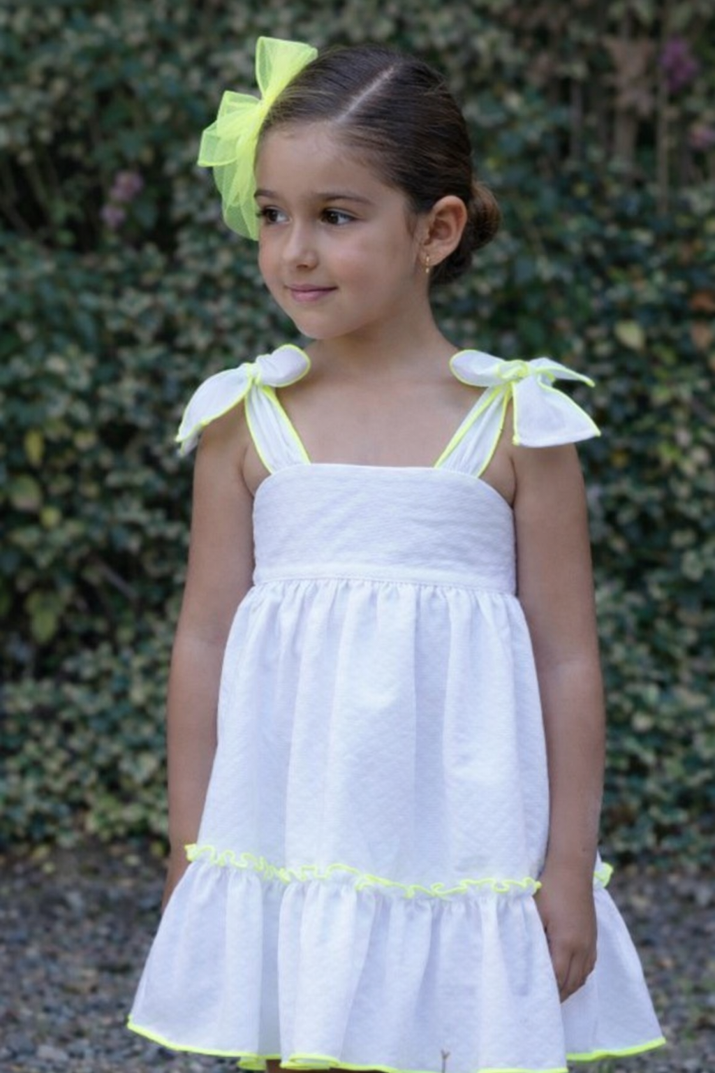 Babine younger girls white dress with neon yellow trim - PREORDER