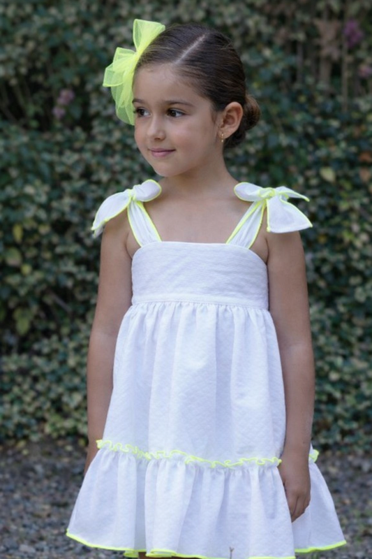 Babine younger girls white dress with neon yellow trim - PREORDER