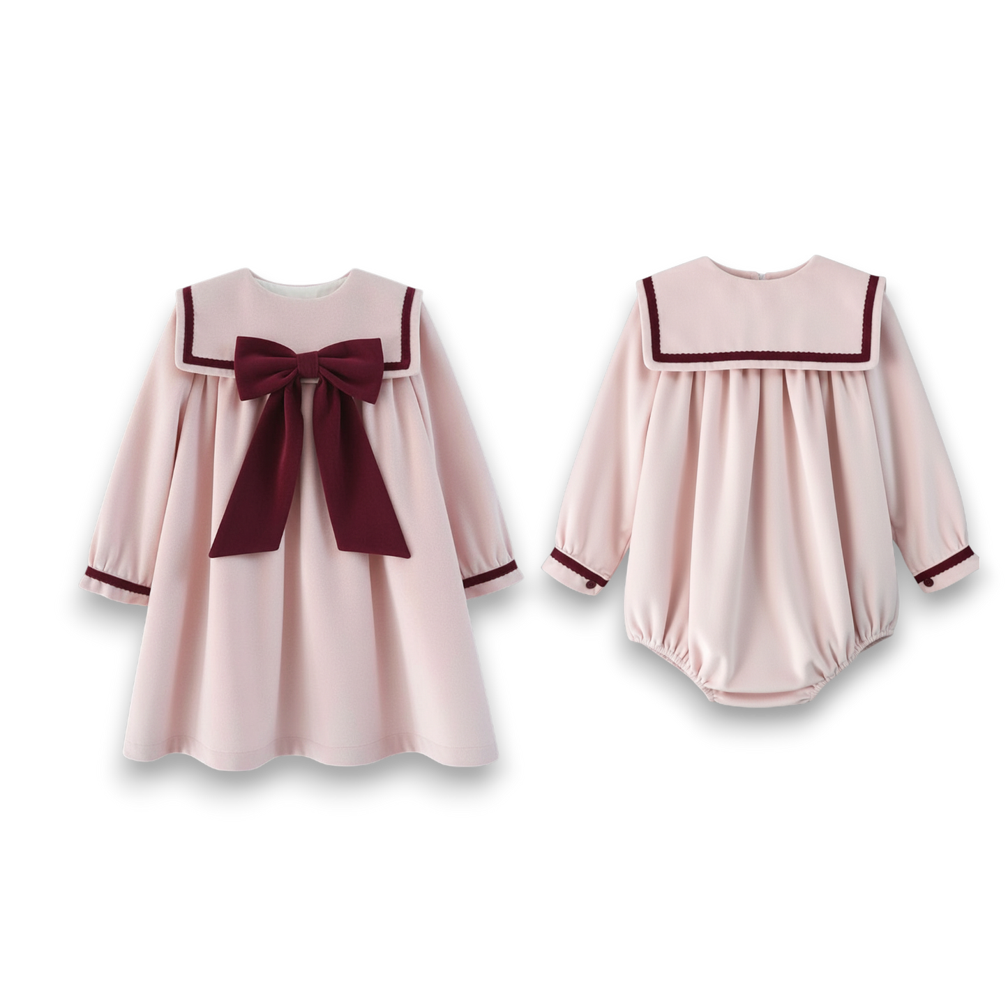PREORDER Girls pink velvet romper with burgundy velvet trim & bow - 802RBW