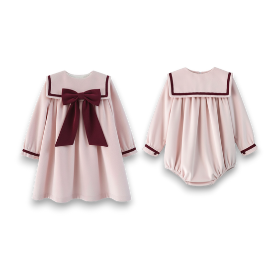 PREORDER Girls pink velvet romper with burgundy velvet trim & bow - 802RBW