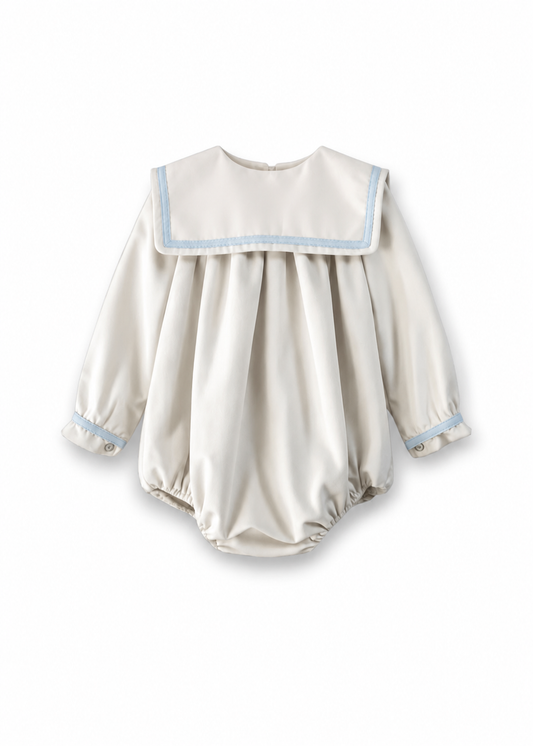 Boys ivory velvet romper with pale blue trim - 802R