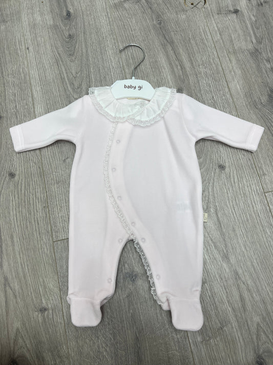 Baby gi pink velour babygrow with front frill
