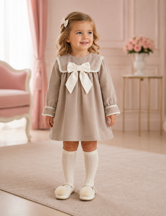Girls beige velvet dress with ivory trim & bow - 814D