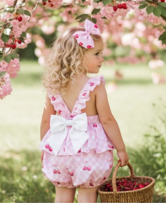 Girls pink cherry print romper