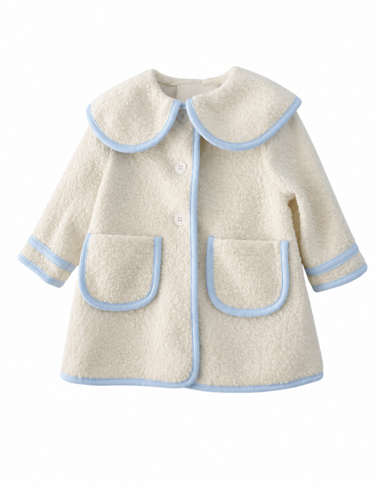 PREORDER Boys ivory boucle coat with pale blue trim - 819C