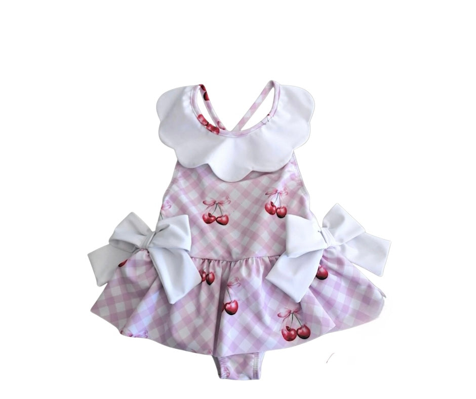 Girls pink cherry print swimsuit