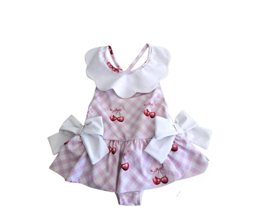 Girls pink cherry print swimsuit