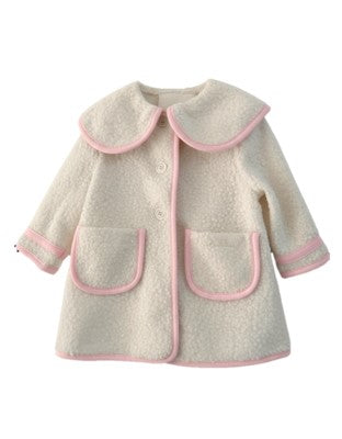 PREORDER Girls ivory boucle coat with pink trim and pink velvet bow on back - 819C