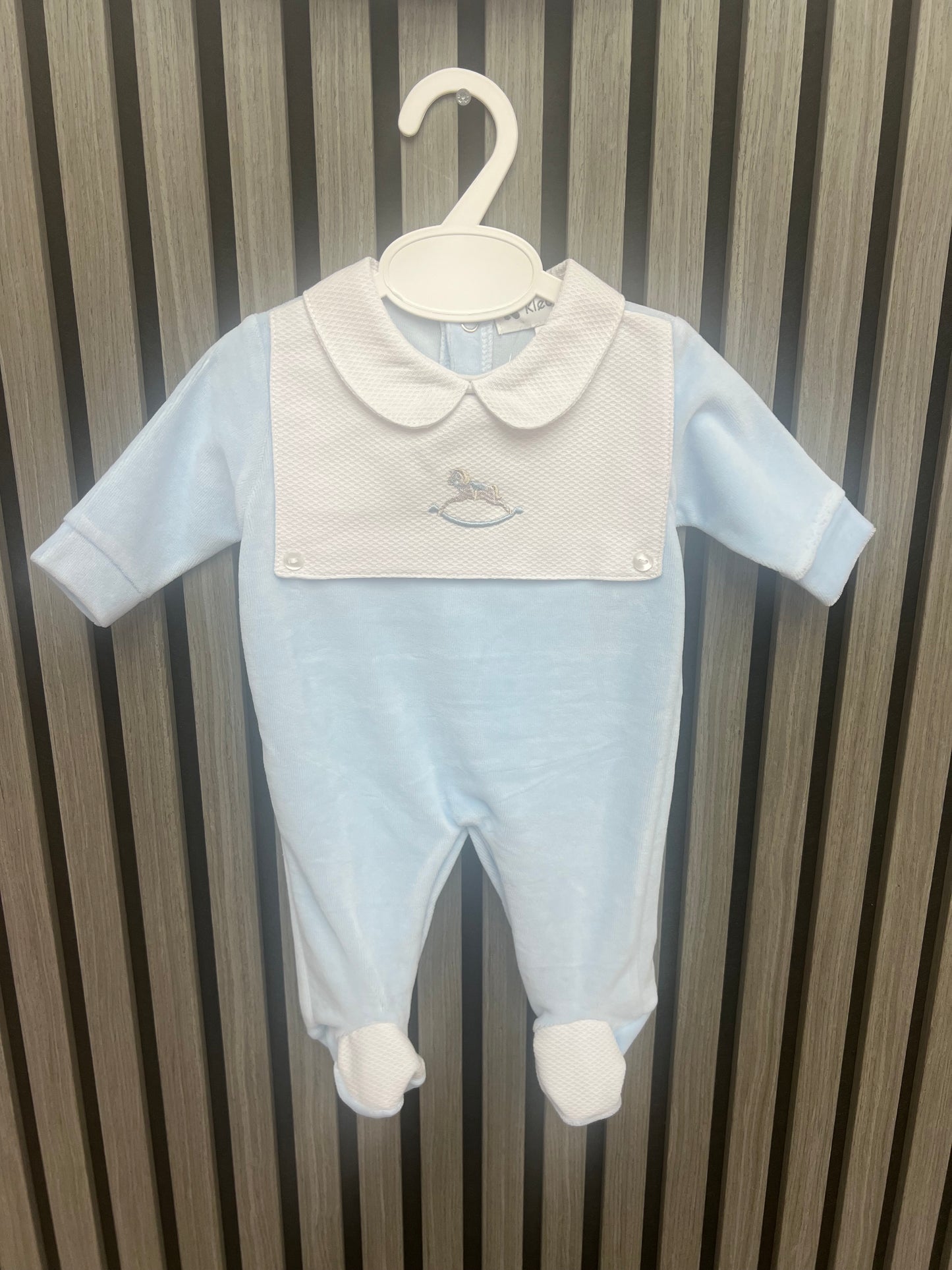 Kleo kids AW25 - blue velour rocking horse babygrow