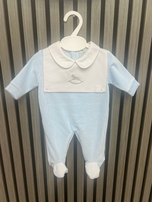 Kleo kids AW25 - blue velour rocking horse babygrow