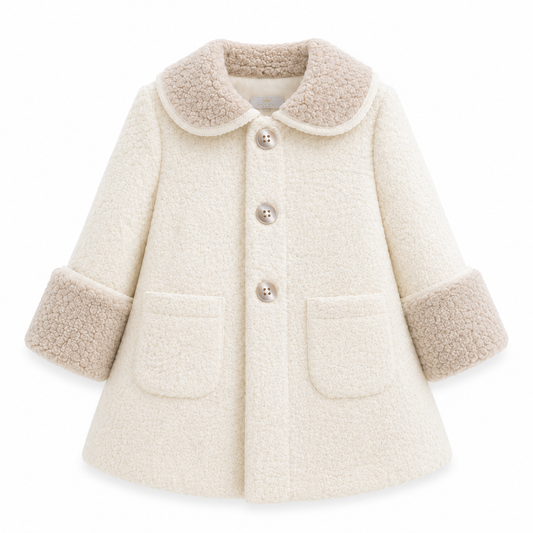 Ivory boucle coat with light beige collar & cuffs with an ivory trim and ivory velvet bow at back - 800C