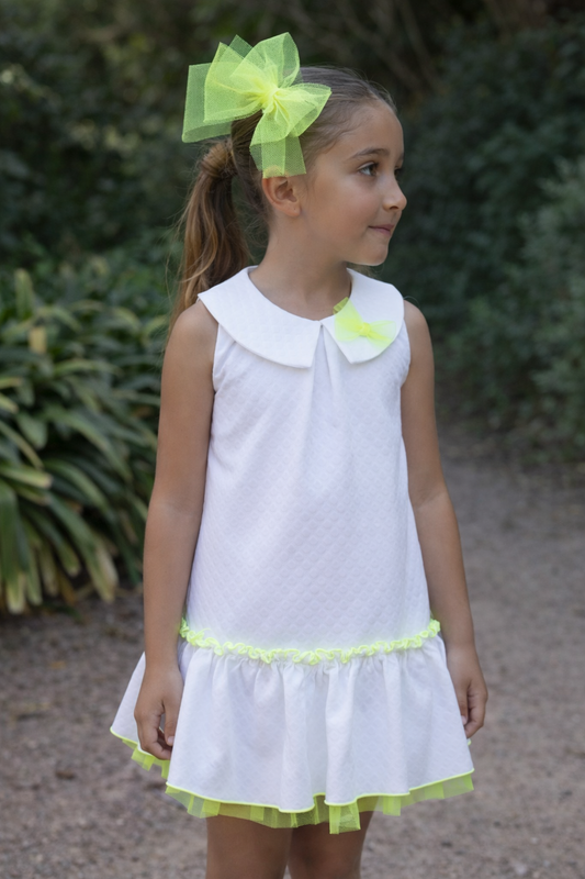 Babine girls white dress with neon yellow tulle trim & hairbow - PREORDER