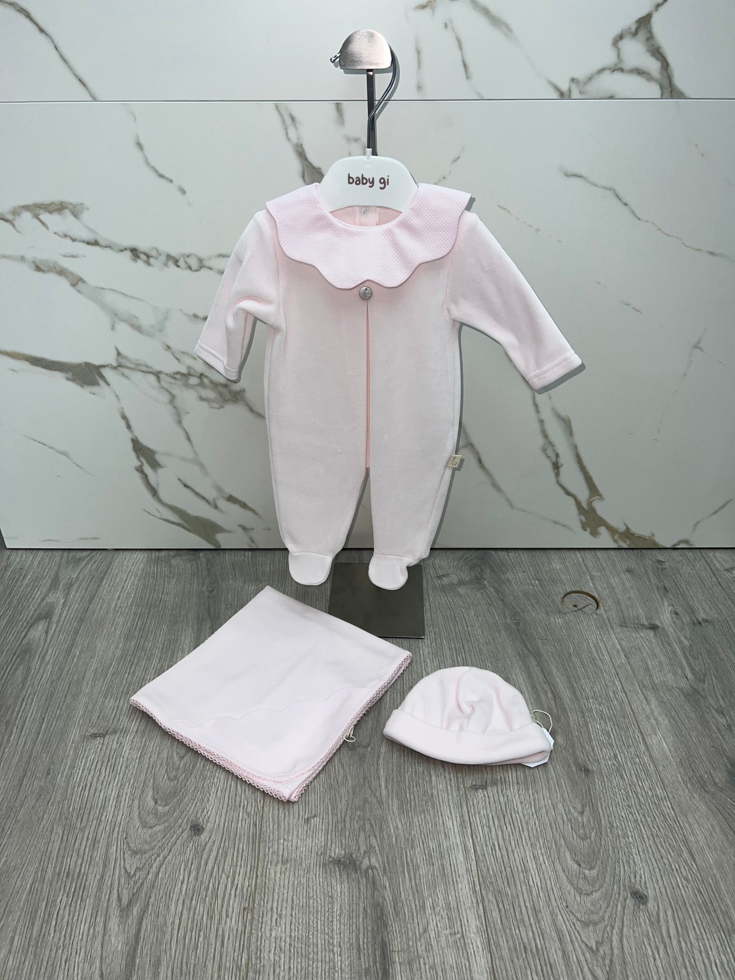 Baby gi pink velour babygrow with pique collar
