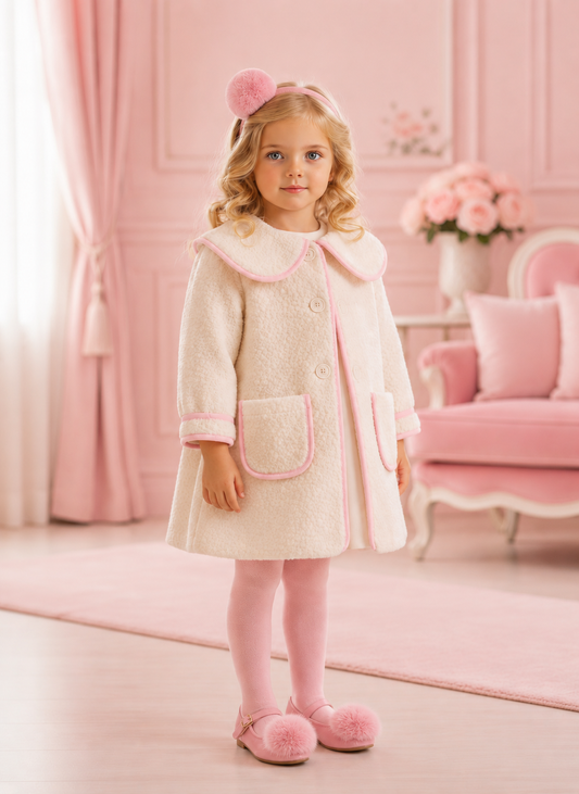 PREORDER Girls ivory boucle coat with pink trim and pink velvet bow on back - 819C