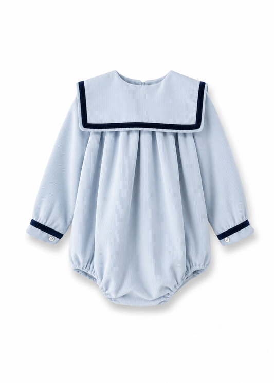 Boys blue cord romper with navy velvet trim - 802R