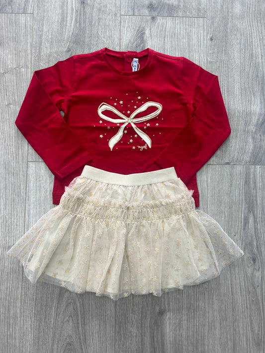 Mayoral AW25 1901 - gold tulle skirt and red bow top
