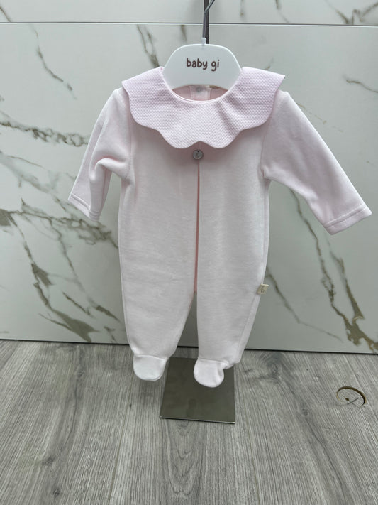 Baby gi pink velour babygrow with pique collar