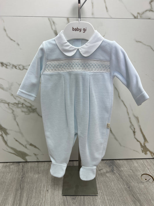 Baby gi blue velour smocked babygrow