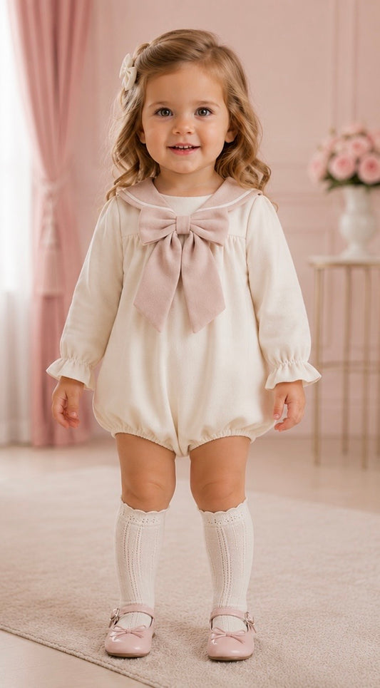 PREORDER Girls ivory velvet sailor romper with pink velvet collar - 830R