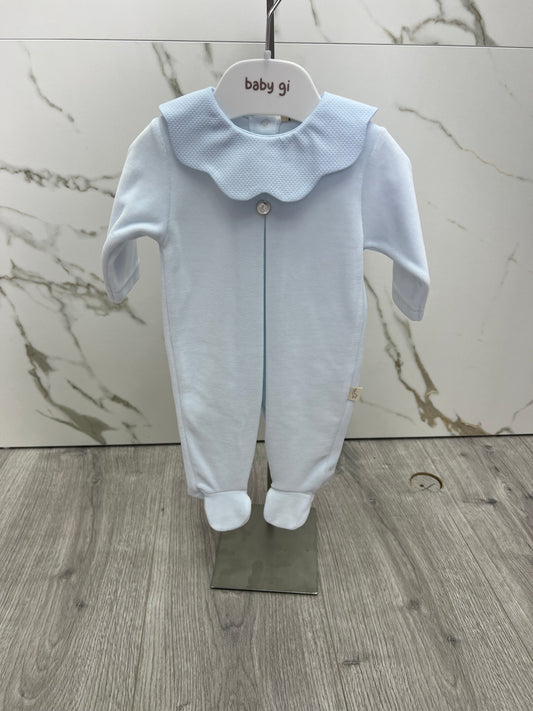 Baby gi blue velour babygrow with pique collar