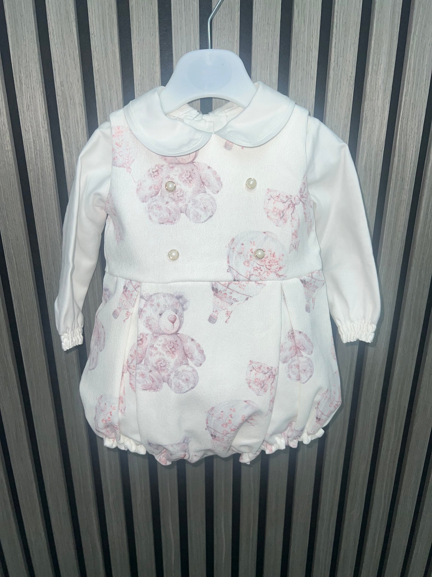 Fofettes AW25 - pink toile romper with pearl button and ivory cotton blouse