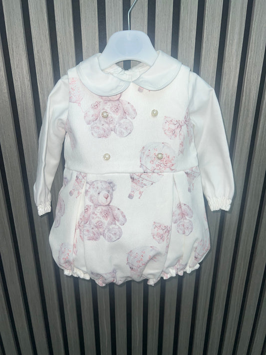 Fofettes AW25 - pink toile romper with pearl button and ivory cotton blouse