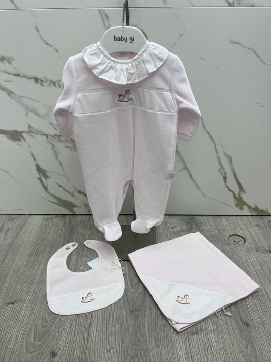 Baby gi AW25 - pink velour rocking horse babygrow