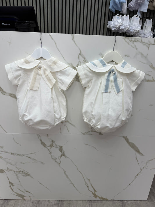 Boys white linen romper with blue trim (717BR)