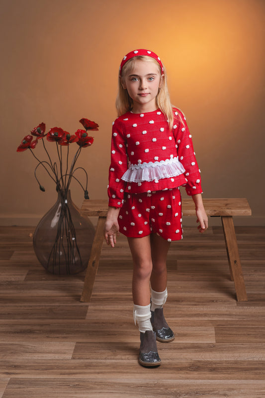 Rochy red textured polka dot short set