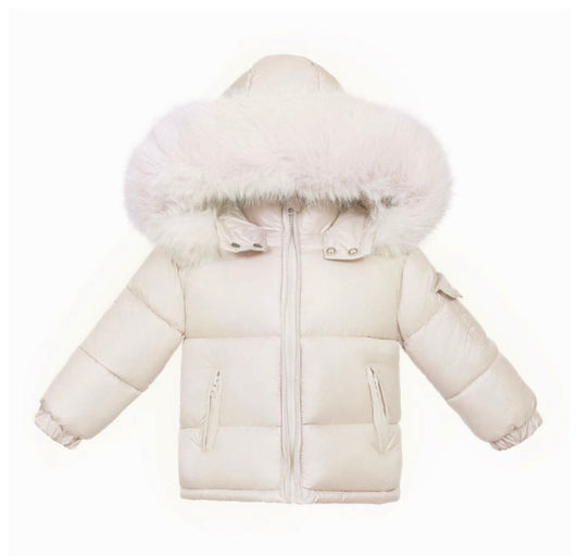Wee me beige puffer jacket with fur hood