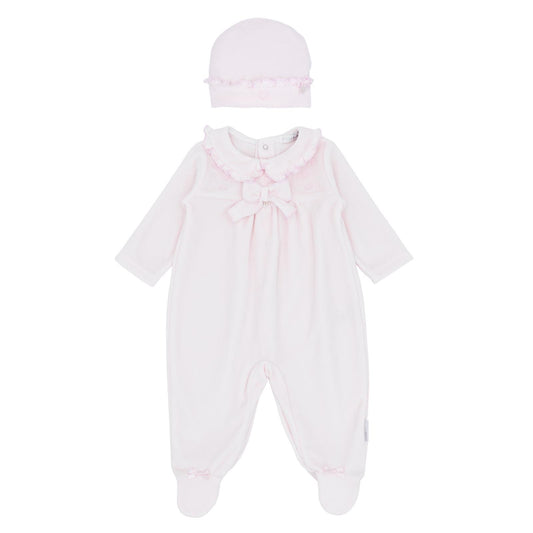 Blues baby AW25 girls pink velour all in one with frill collar & hat
