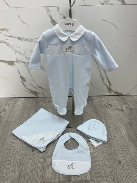 Baby gi AW25 - blue velour rocking horse babygrow