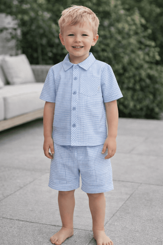 Pastels and Co Rupert blue gingham short & shirt set