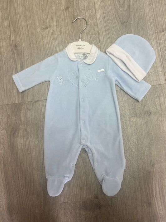 Blues baby AW25 BB2078B - blue velour babygrow with hat